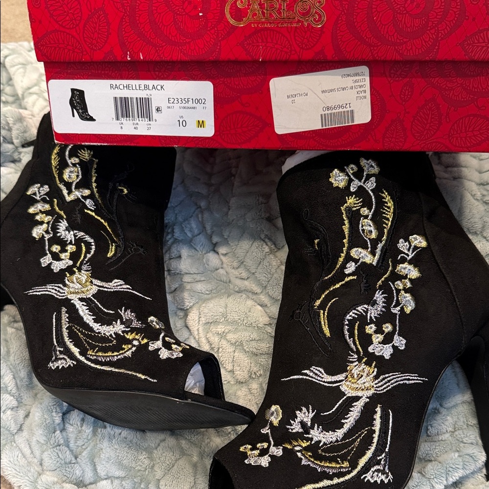 Carlos by Carlos Santana Black Embroidered Peep Toe Booties